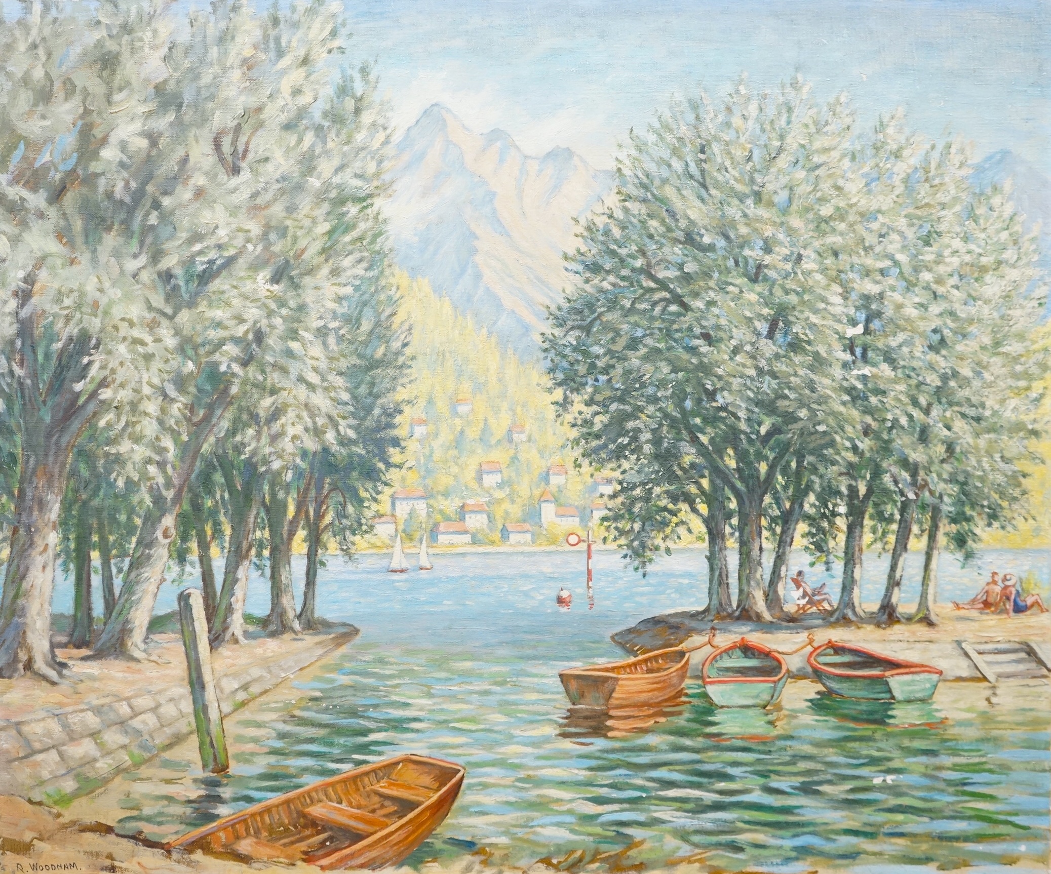 R. Woodnam, Continental landscape with moored boats, signed, oil on canvas, unframed, 51 x 61cm